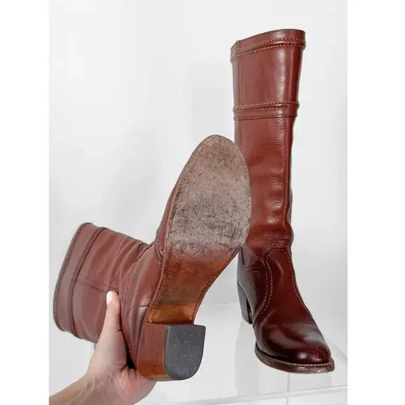 FRYE Jane Stitch Dark Brown Redwood Leather Riding Boots 77230 (8.5) - Picture 7 of 12